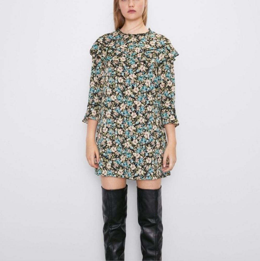 Zara Floral Print Ruffle Bell Sleeve Mini Dress